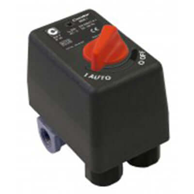 MDR1 Euro air compressor pressure switch with red dial, automatic and off settings, and cable connections.