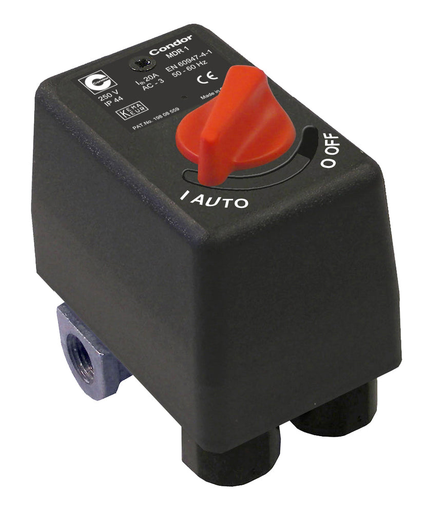 MDR1 Euro air compressor pressure switch with red dial, automatic and off settings, and cable connections.